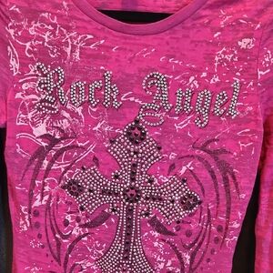 Pink Long Sleeve Tee with Rhinestone Cross Design